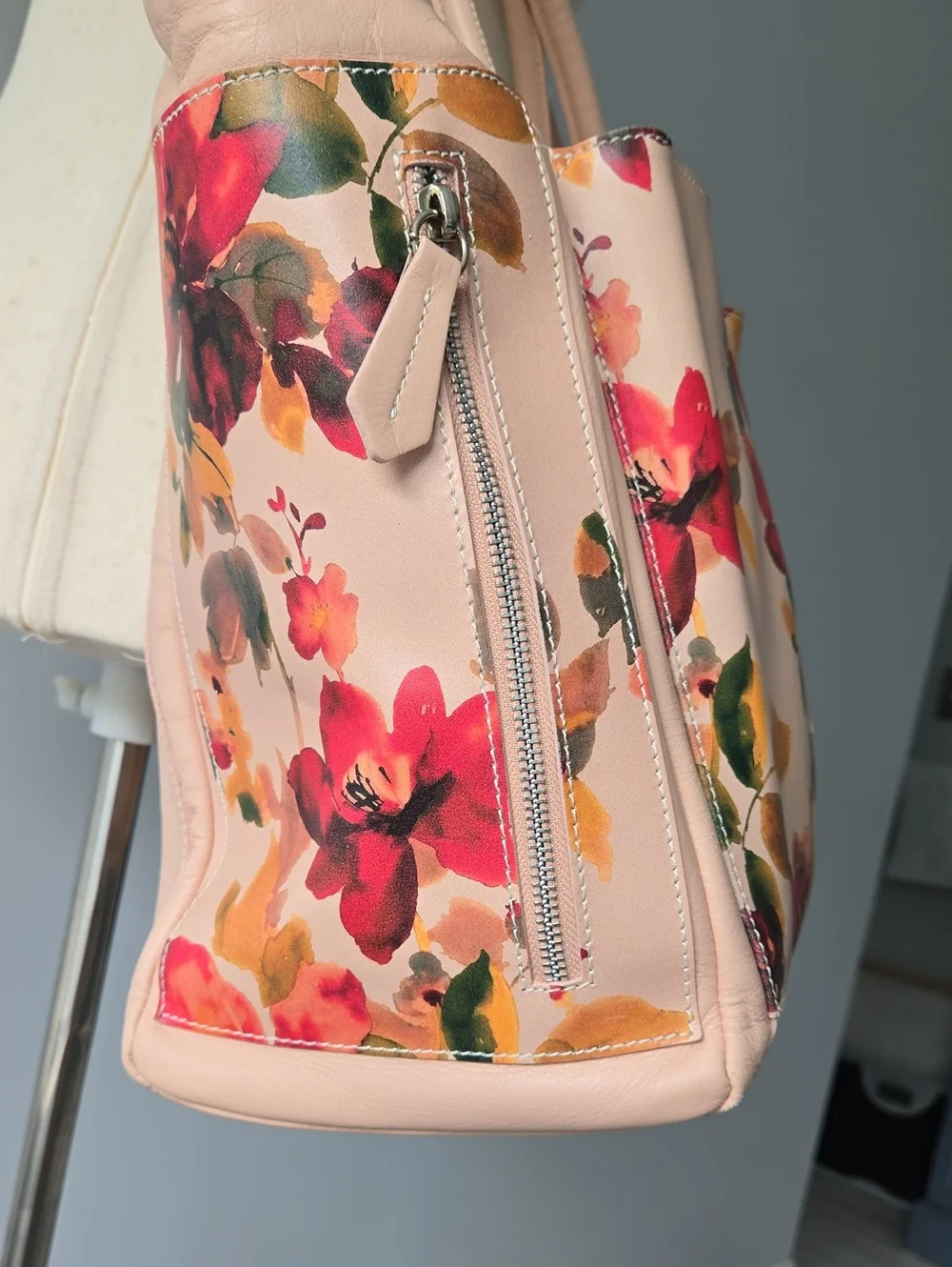 Cavalcanti Italy Large Leather Floral Panel Shoulder Bag/Tote Blush Pink